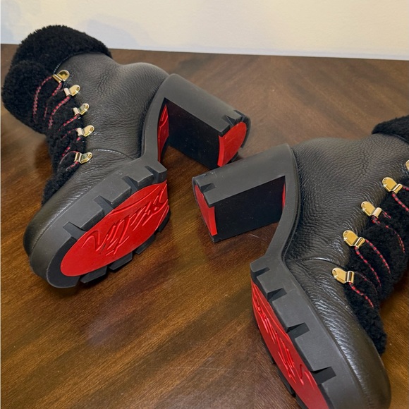 Christian Louboutin Black and Red Ankle Boots with Shearling Trim - Picture 3 of 6